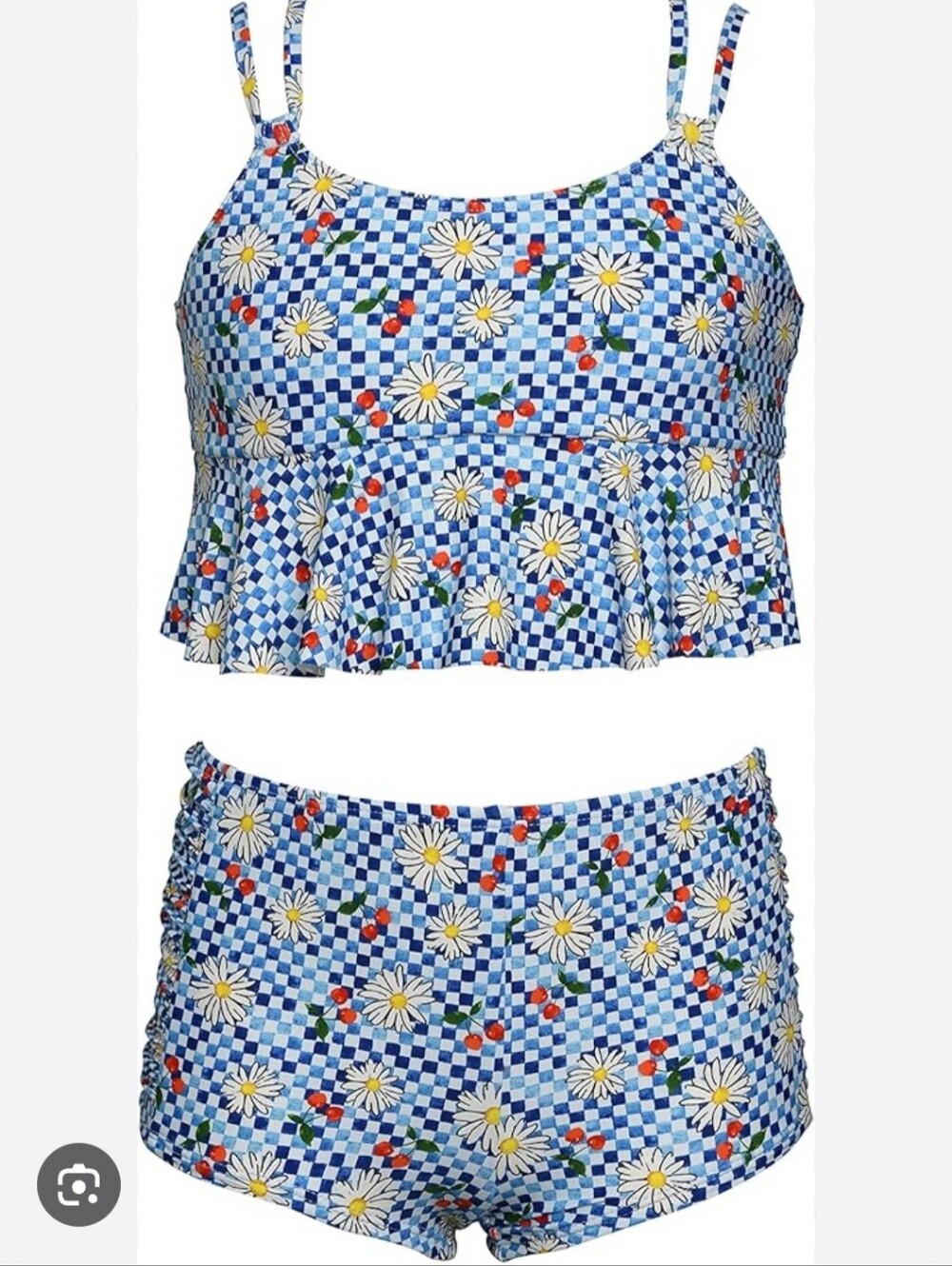 Girls Hobie Two Piece Bathing Suit Size 16 Blue Floral Flounce Top & Boyshort